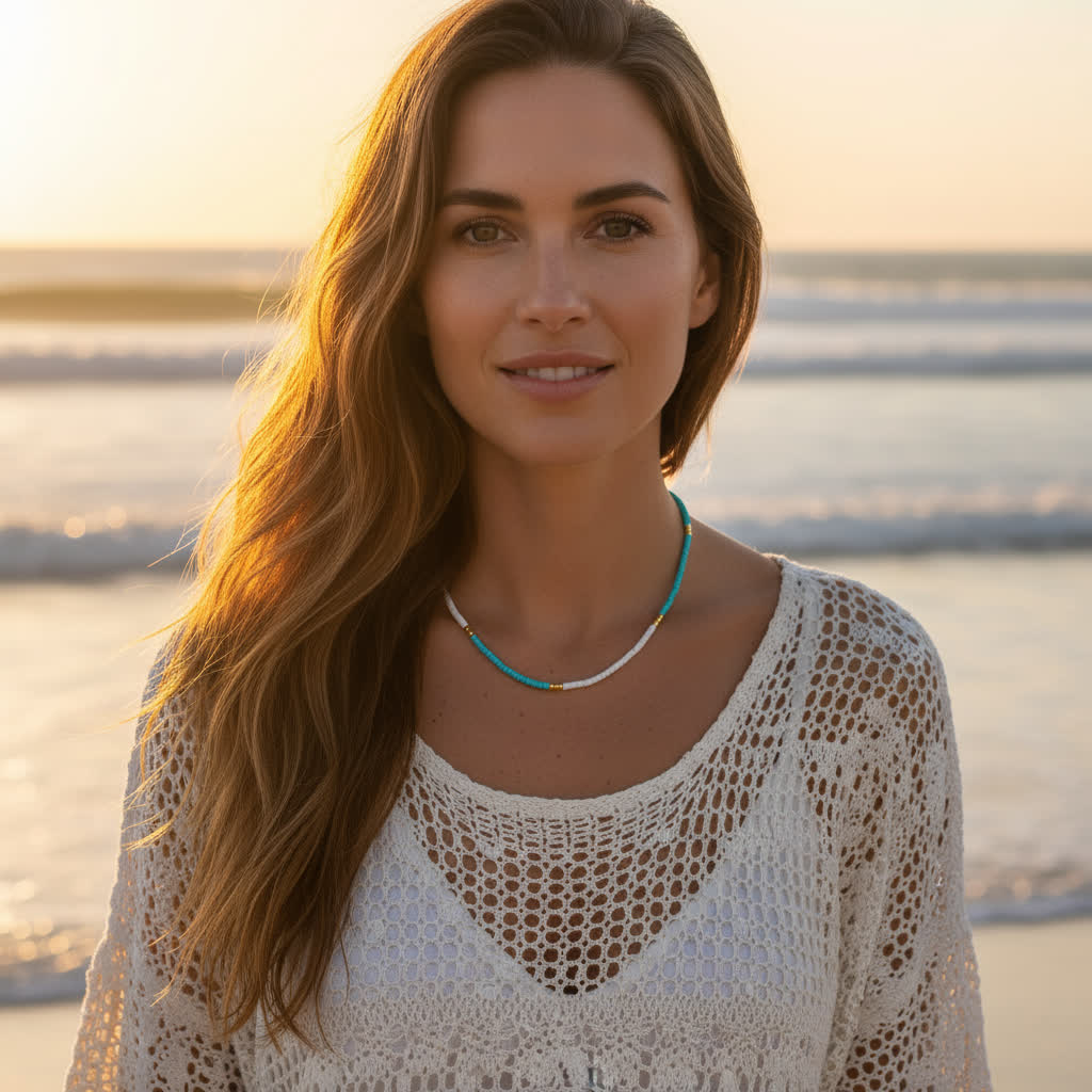 Woman standing on a beach with a sunset in the background