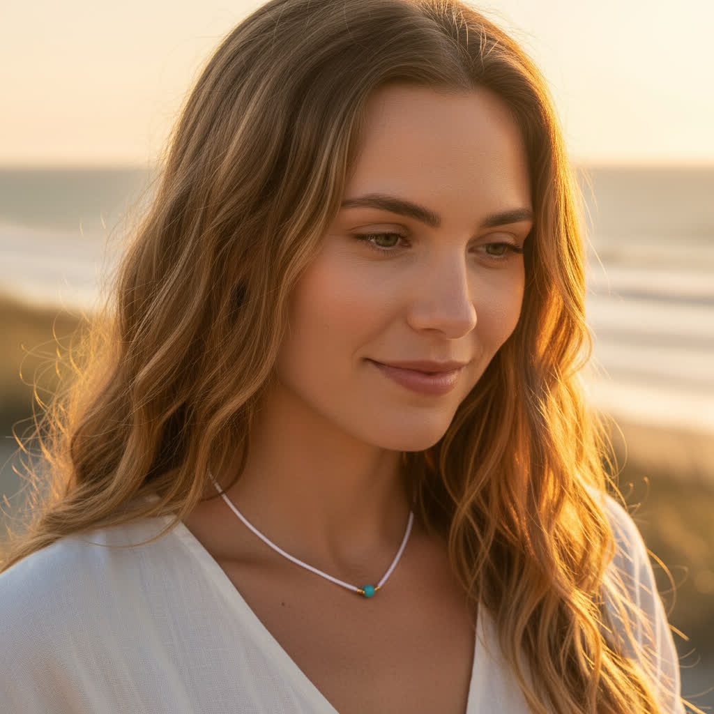 Woman with long hair and a necklace standing outdoors with a warm glow