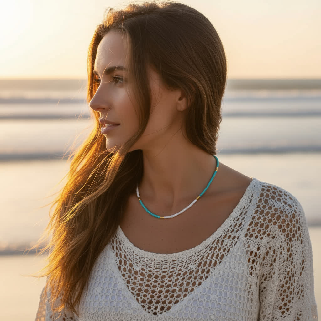 Woman wearing a white lace top and turquoise necklace by a body of water.
