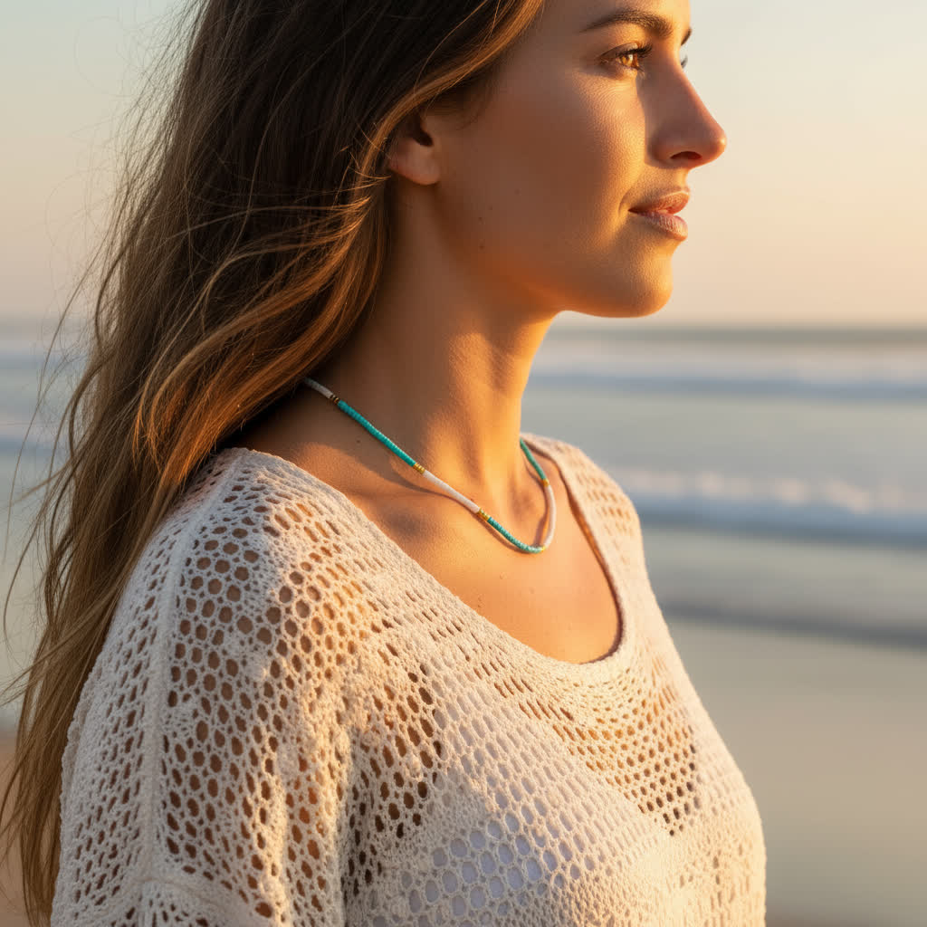 Woman standing on a beach at sunset wearing a light-colored crochet top and turquoise necklace.