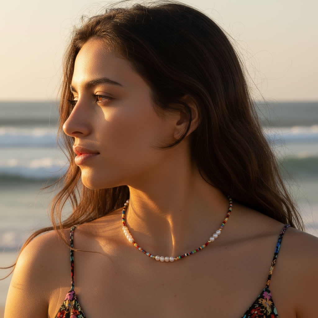 Woman wearing a colorful bikini and beaded necklace on a beach