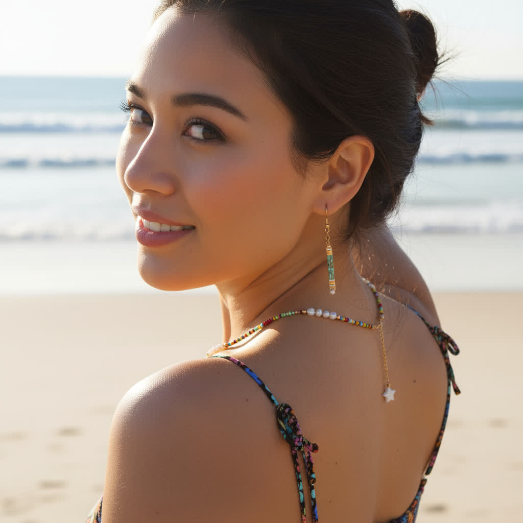 Woman on a beach wearing a colorful bikini and earrings with a blurred ocean background