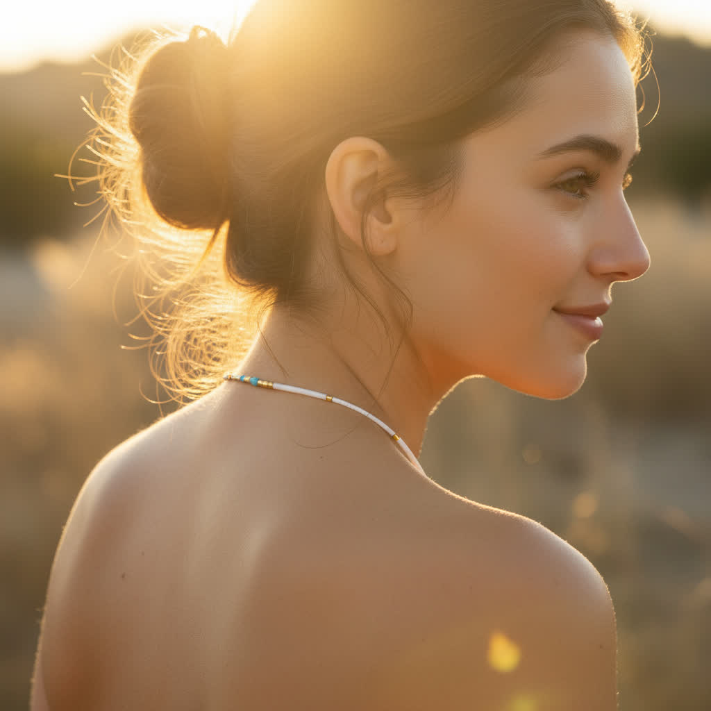 Woman with a bun and necklace against a blurred natural background