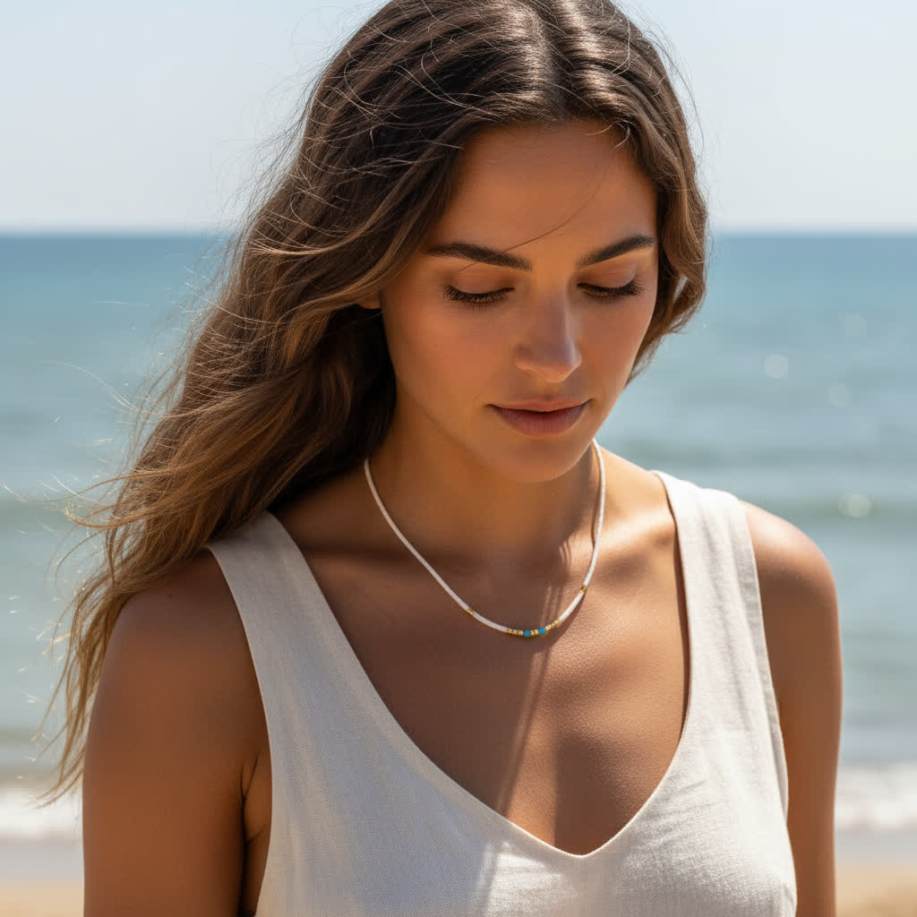 Woman wearing a necklace on a beach