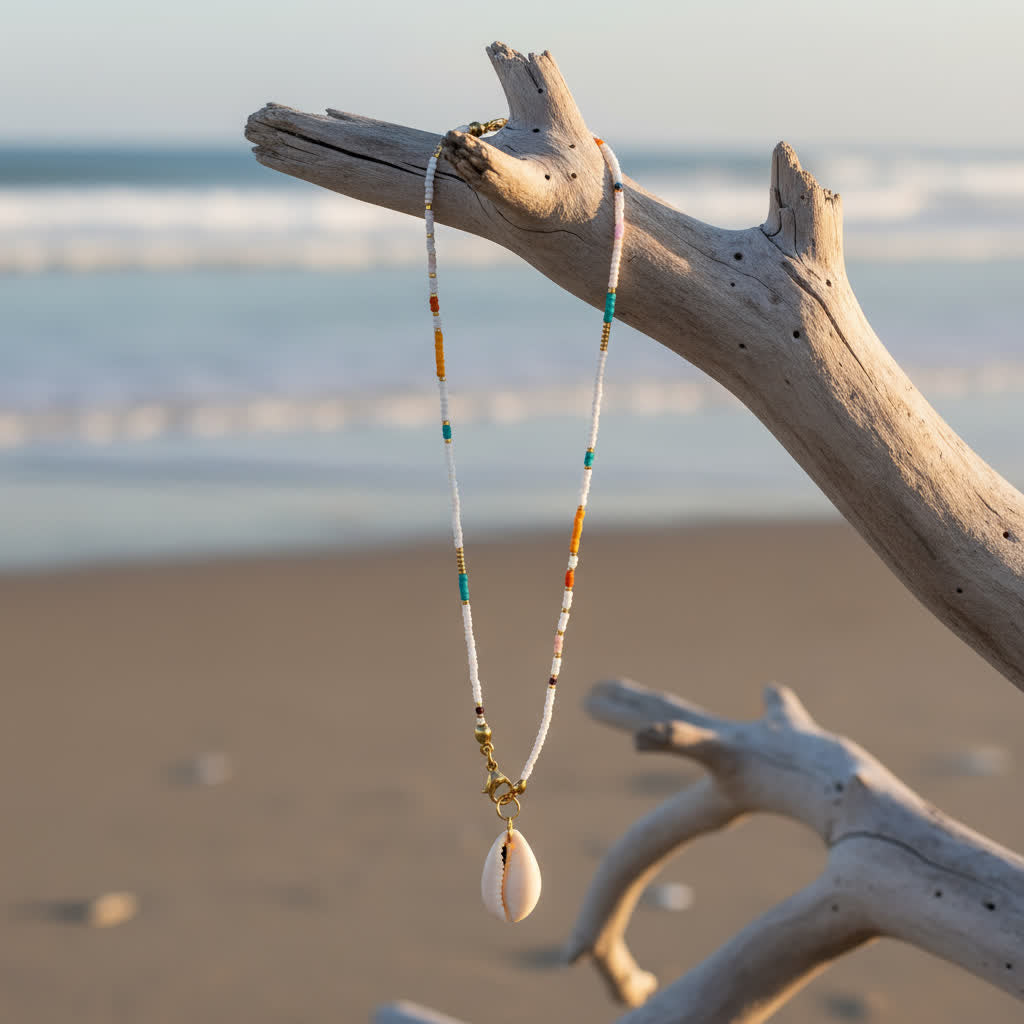 Necklace with a shell pendant hanging on a piece of driftwood by the beach.
