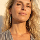 Woman with long blonde hair wearing earrings against a neutral background