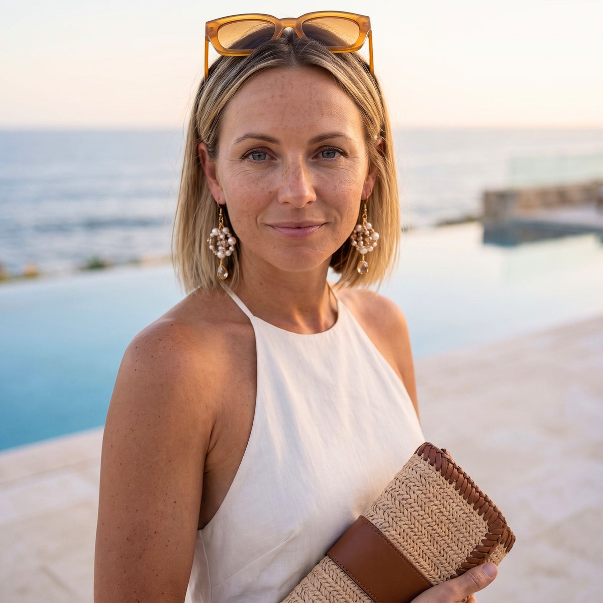 A woman with blonde hair wearing amber-framed sunglasses on her head, a white sleeveless top, and pearl drop earrings, holding a woven straw clutch with brown trim. She is photographed outdoors by a pool with the ocean in the background.