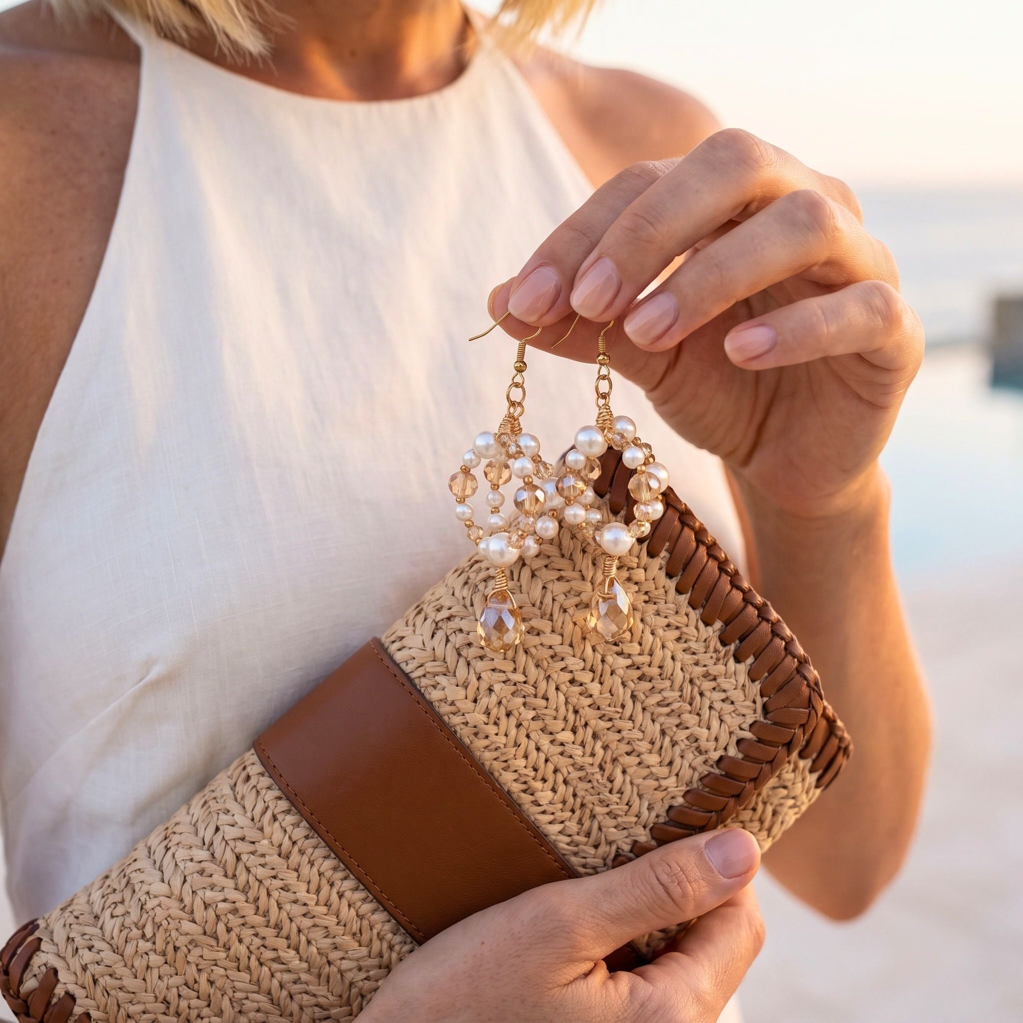 A close-up lifestyle shot of a woman holding a woven straw clutch bag with brown leather trim, while wearing dangling gold hoop earrings adorned with white pearls and clear crystal drops.