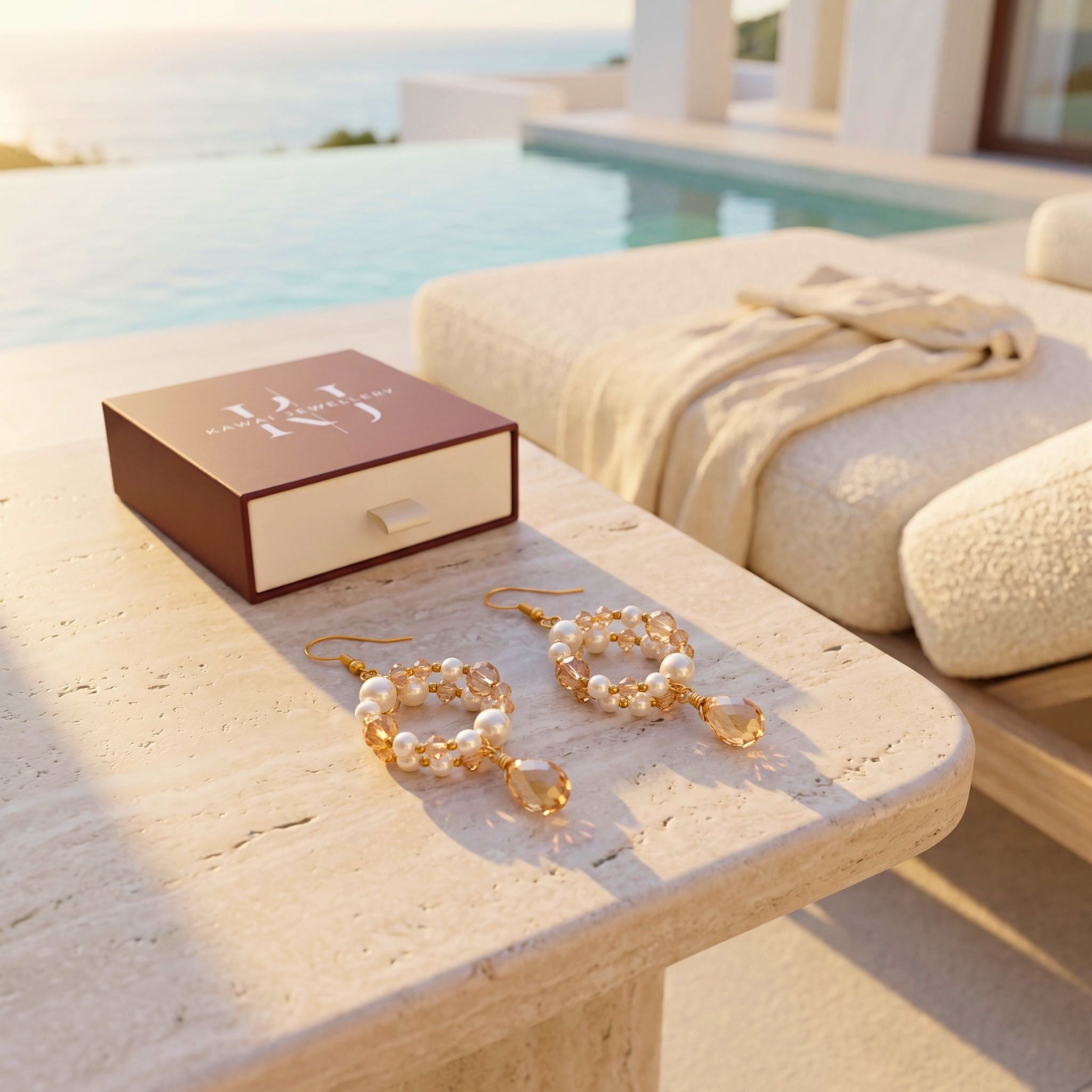 A pair of gold and pearl drop earrings with clear faceted teardrop charms rests on a light stone table next to a brown jewelry box with a white monogram logo, set against a luxurious outdoor poolside background with a beige lounge chair.